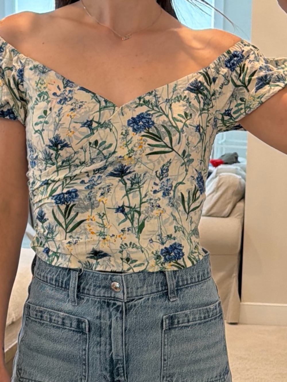 ASTR the label Floral Off-Shoulder Linen/Cotton Top - Blue/Green Floral